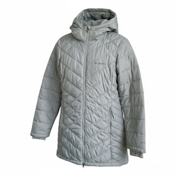 Columbia Omni-Heat Longline Puffer Jacket Silver Gray M Womens Hoodie Omni-Heat - Picture 1 of 11